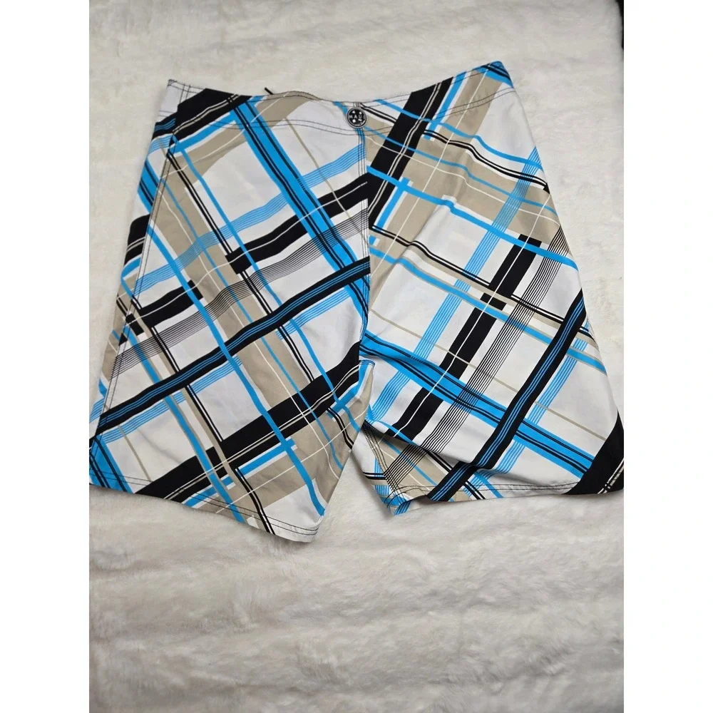 Maui and Sons Mens Size 38 Blue Plaid Board Shorts Swim‎ Trunks Cargo Pocket